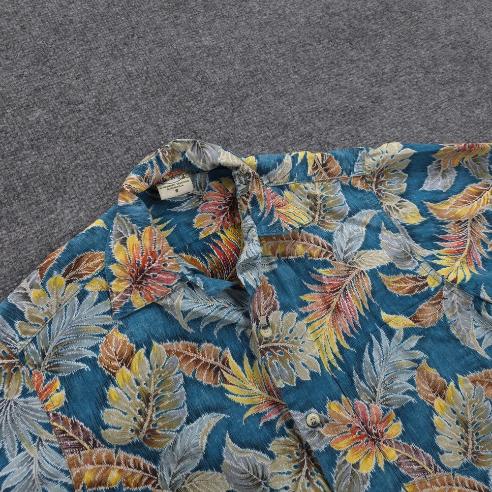 Go Barefoot Shirt Mens Small Blue Tropical Leaf Hawaiian Aloha‎ USA Beach Camp